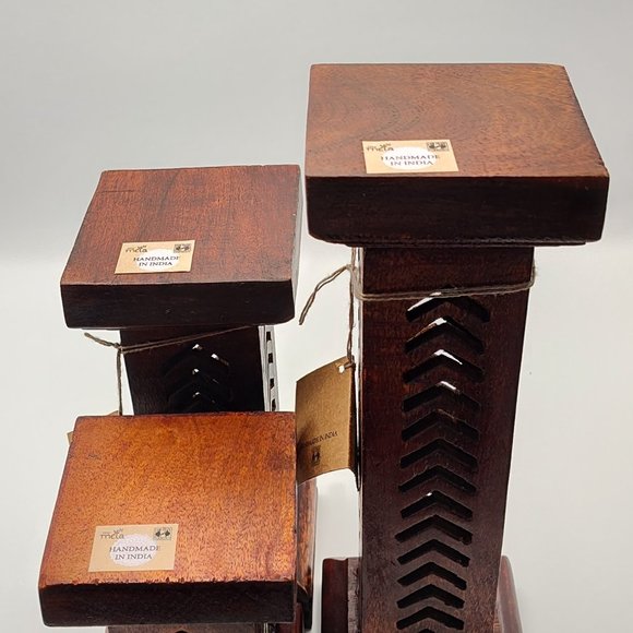 My Mela Mela Artisans Set of 3 Pillar Candle Holder Dark Wood Handmade Column - Picture 7 of 16